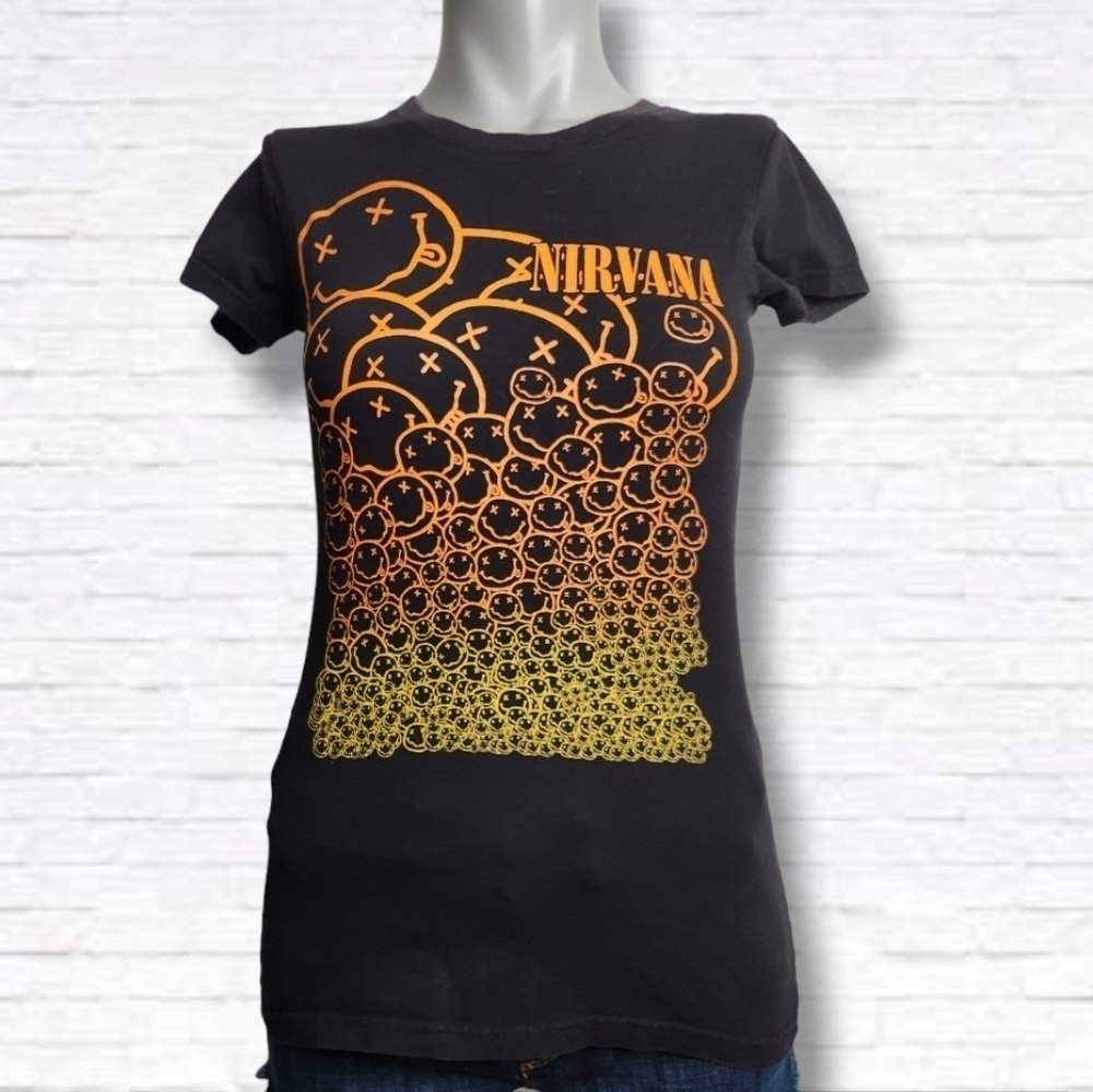Nirvana Black Multi Smiley Face Baby Doll Short Sleeve Tee Shirt Size S
